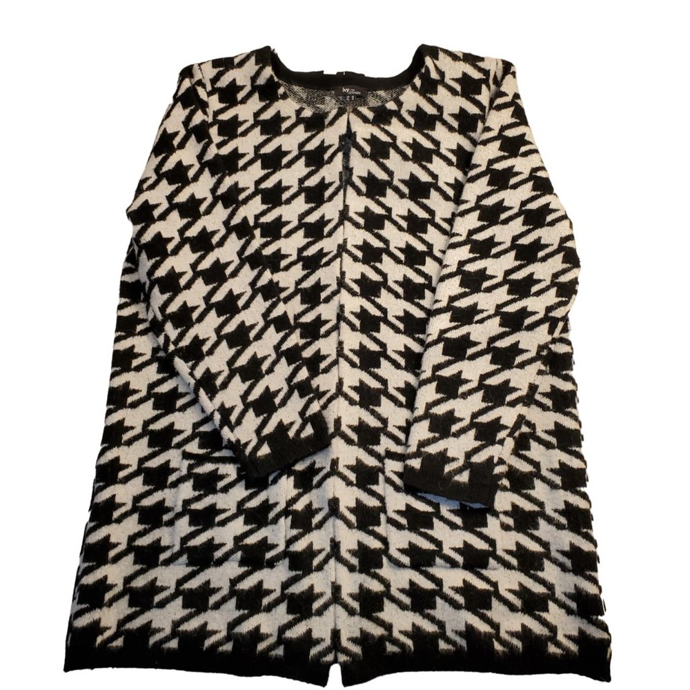 Ivy Beau Houndstooth Cardigan Sweater Womens Size 16 Black White Clasp Pocket